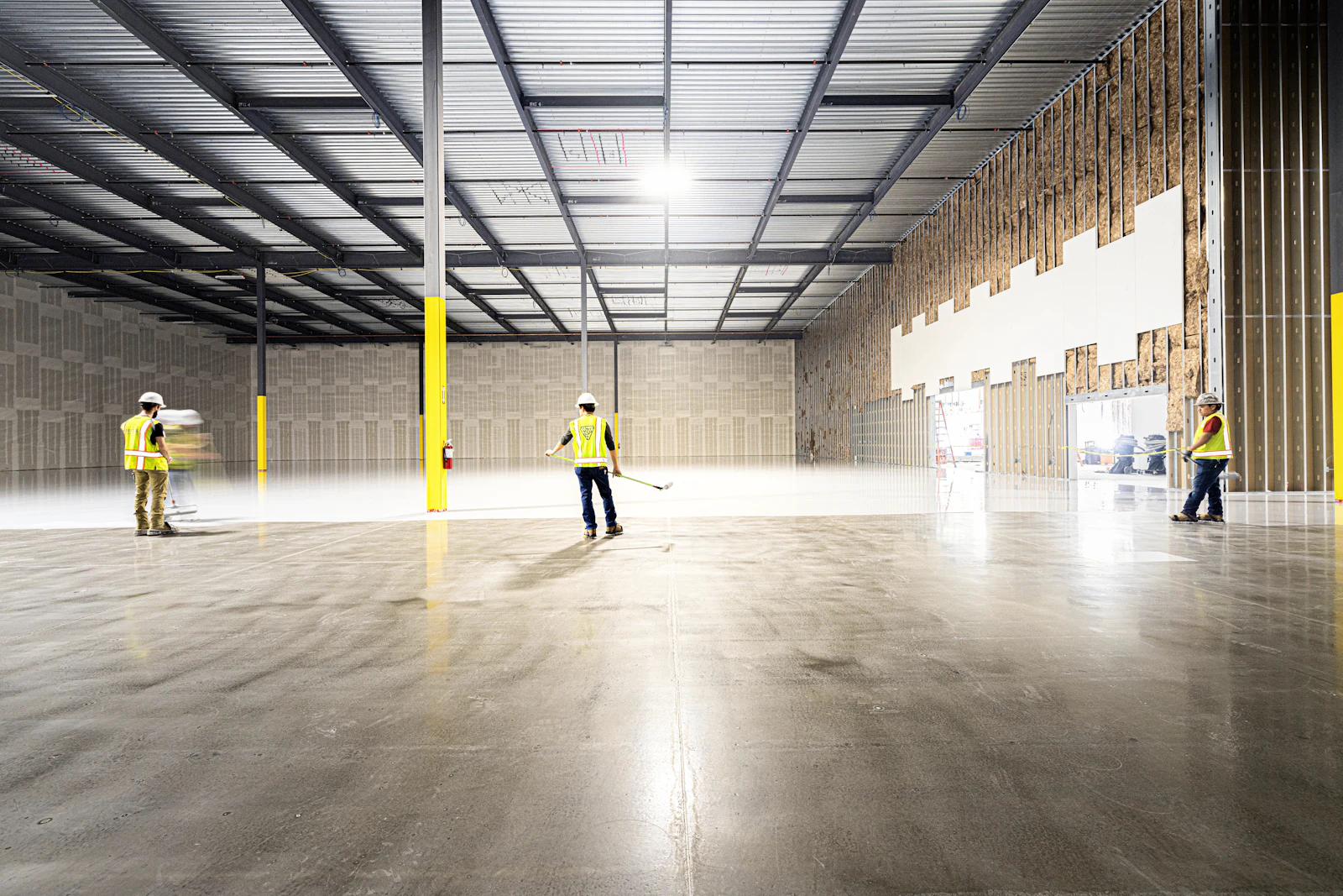 Workers in high-visibility vests inspecting a clean, empty industrial warehouse