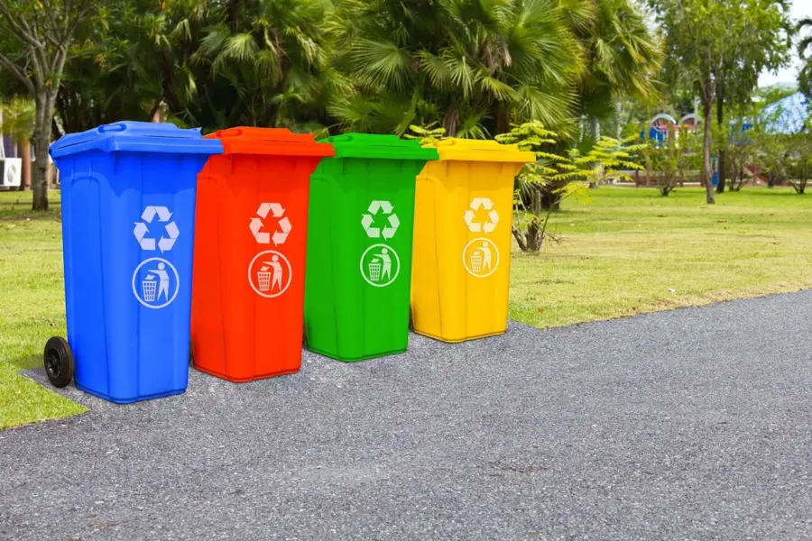 Blue, red, green and yellow wheelie bins with recycling symbols beside a park lawn