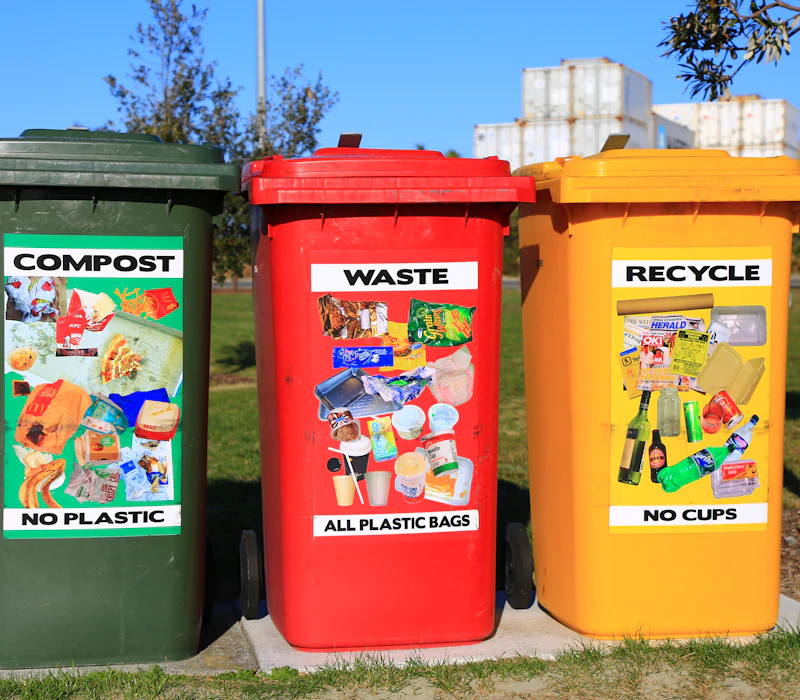Colour-coded compost, general waste and recycling bins in a park
