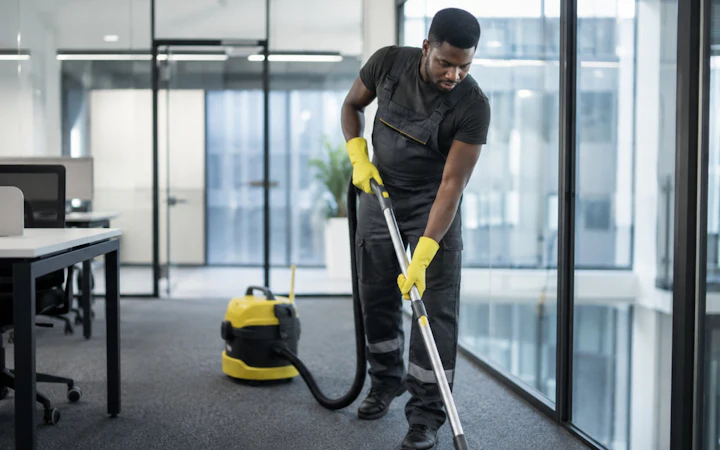 Cleaner vacuuming the carpet of an open-plan office